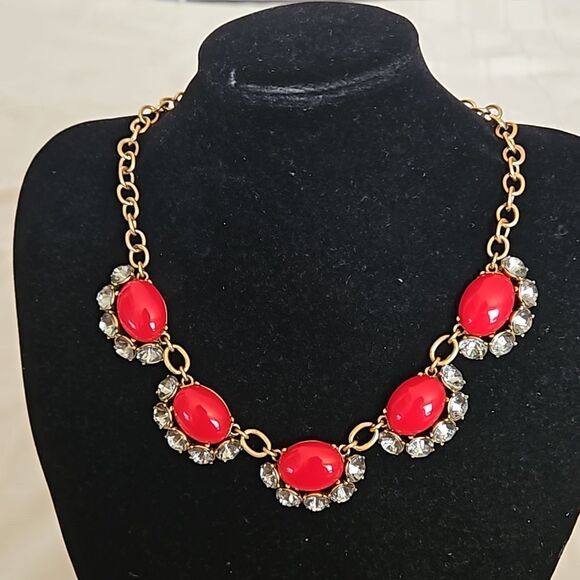 Stella & Dot Statement Piece Necklace Red & Gold - Picture 1 of 16